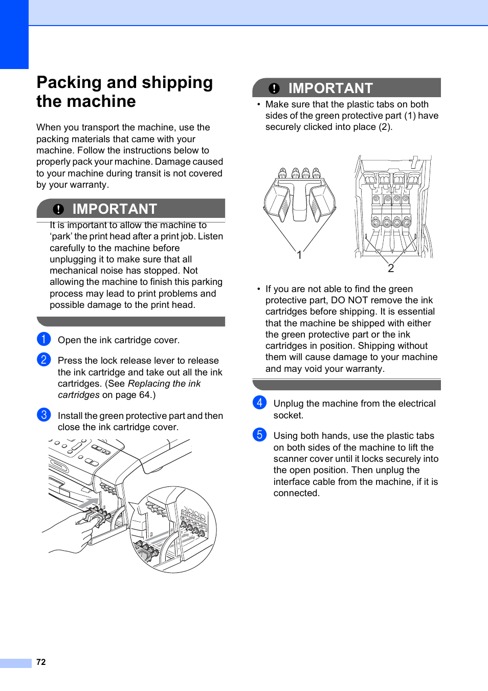 Packing and shipping the machine, Important | Brother DCP-375CW User Manual | Page 80 / 109