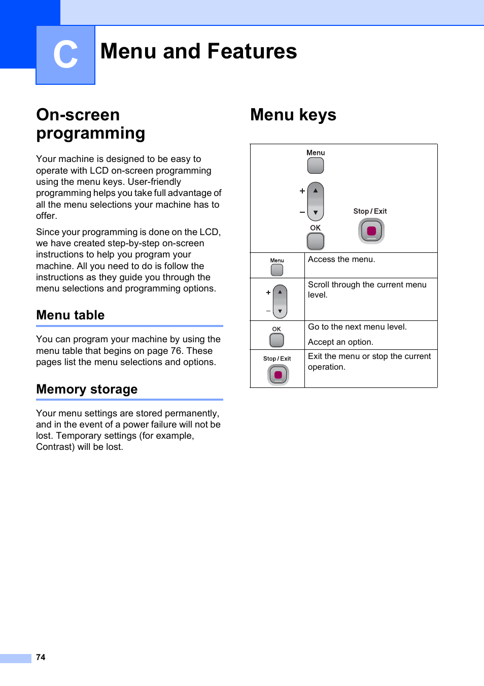 C menu and features, On-screen programming, Menu table | Memory storage, Menu keys, Menu and features, Menu table memory storage | Brother DCP-375CW User Manual | Page 82 / 109