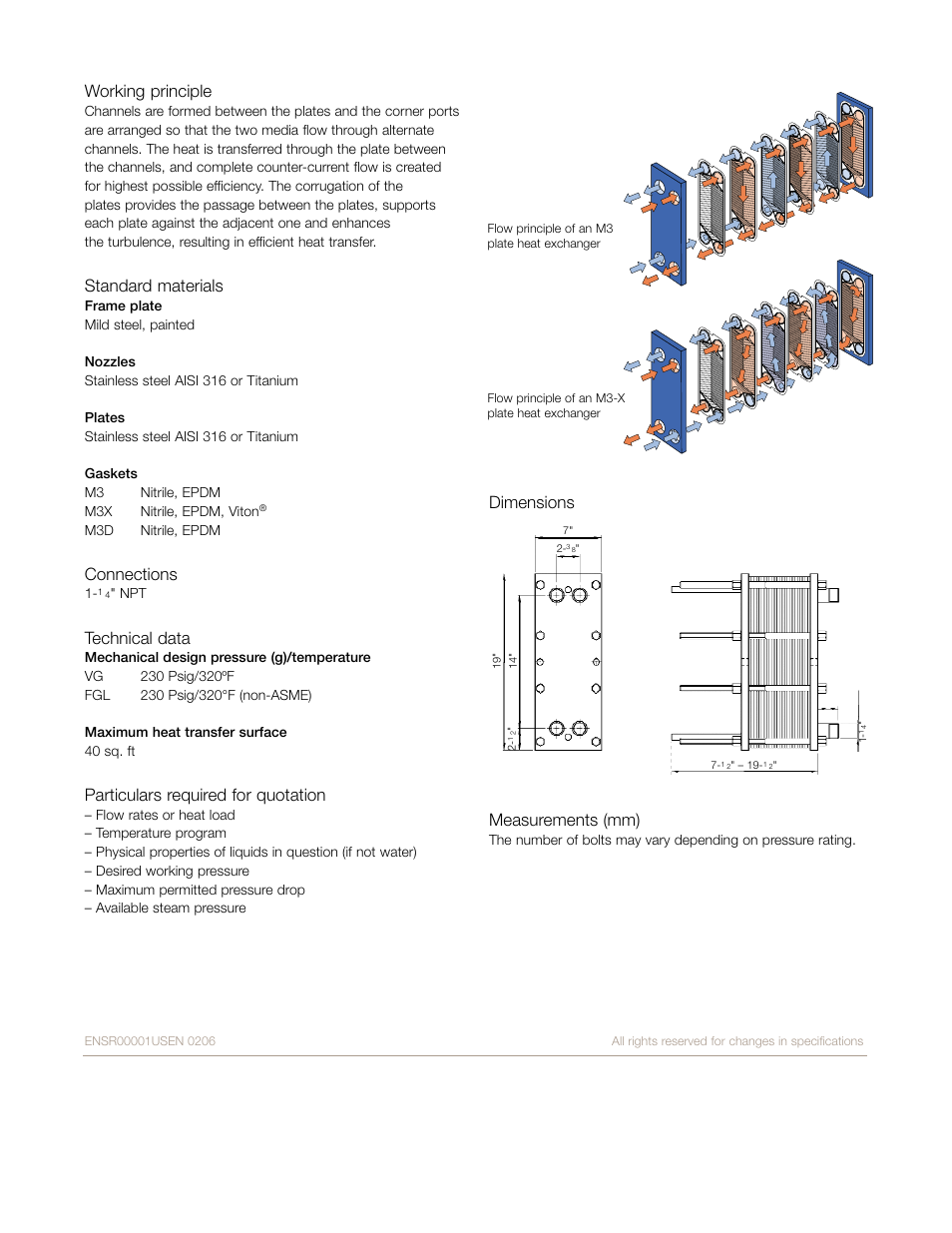 Working principle, Standard materials, Connections | Technical data, Particulars required for quotation, Dimensions measurements (mm) | Thermal Transfer Systems M3-VG User Manual | Page 2 / 14