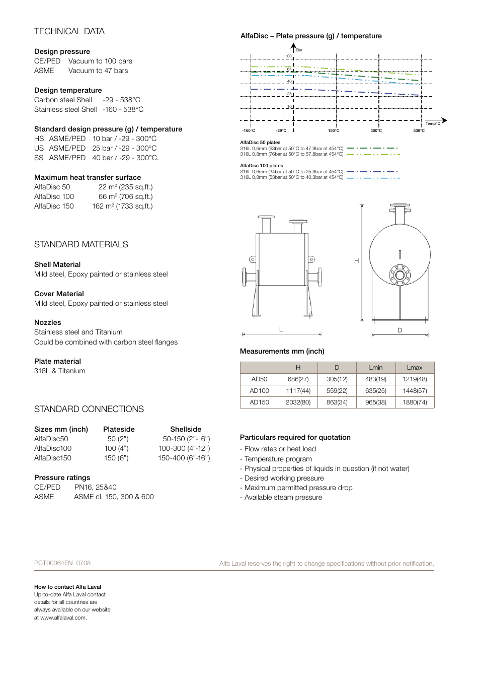 Technical data, Standard materials, Standard connections | Thermal Transfer Systems AlfaDisc 50 User Manual | Page 2 / 2