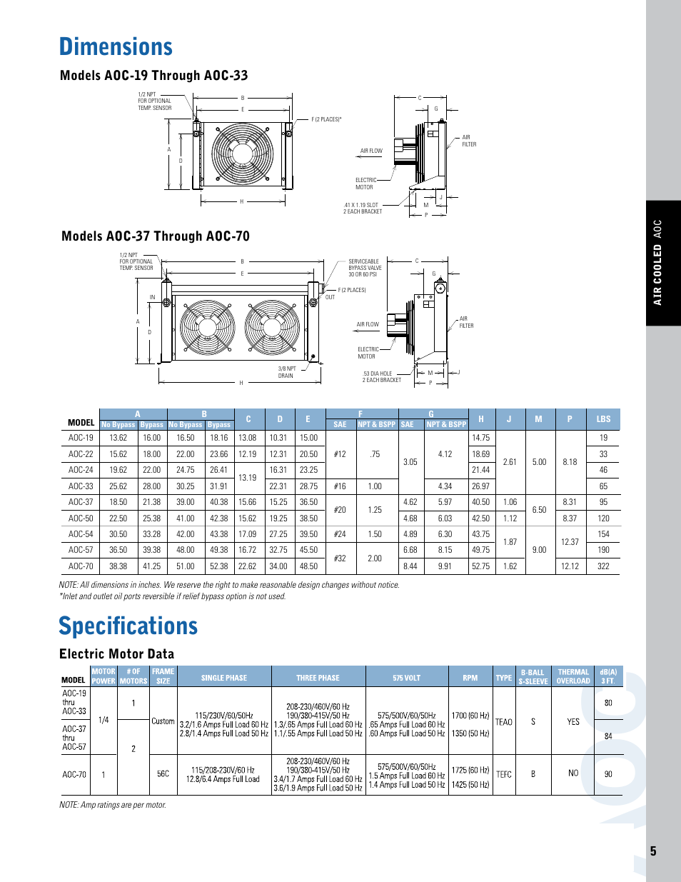 Ao c, Dimensions, Specifications | Models aoc-19 through aoc-33, Models aoc-37 through aoc-70, Electric motor data | Thermal Transfer Systems AOC Series User Manual | Page 2 / 4