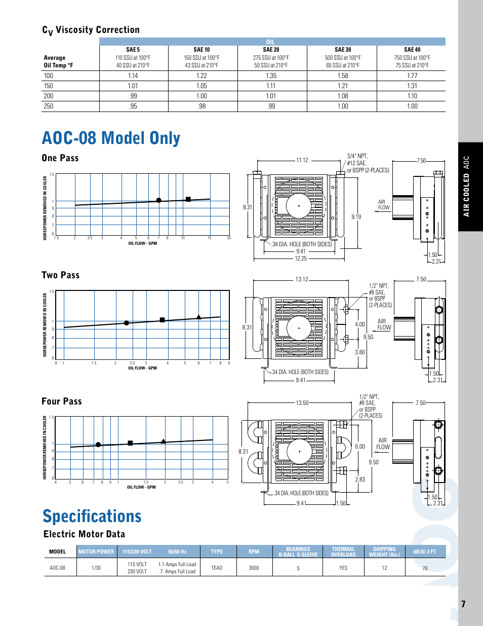 Ao c, Aoc-08 model only, Specifications | One pass two pass four pass, Electric motor data, Viscosity correction | Thermal Transfer Systems AOC Series User Manual | Page 4 / 4
