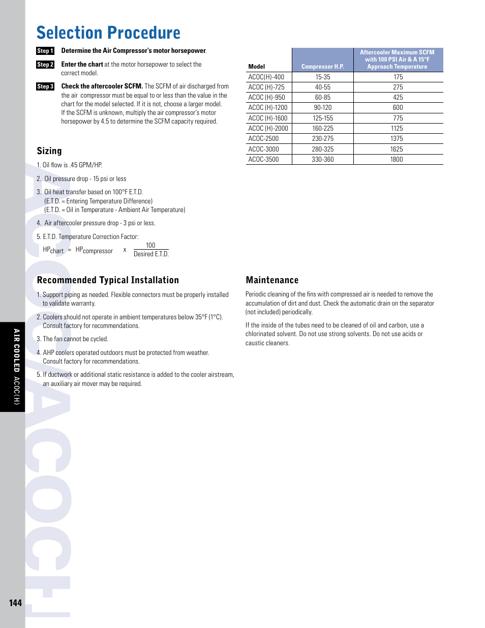 Ac o c /ac o c h, Selection procedure | Thermal Transfer Systems Air ACOC Series User Manual | Page 3 / 4