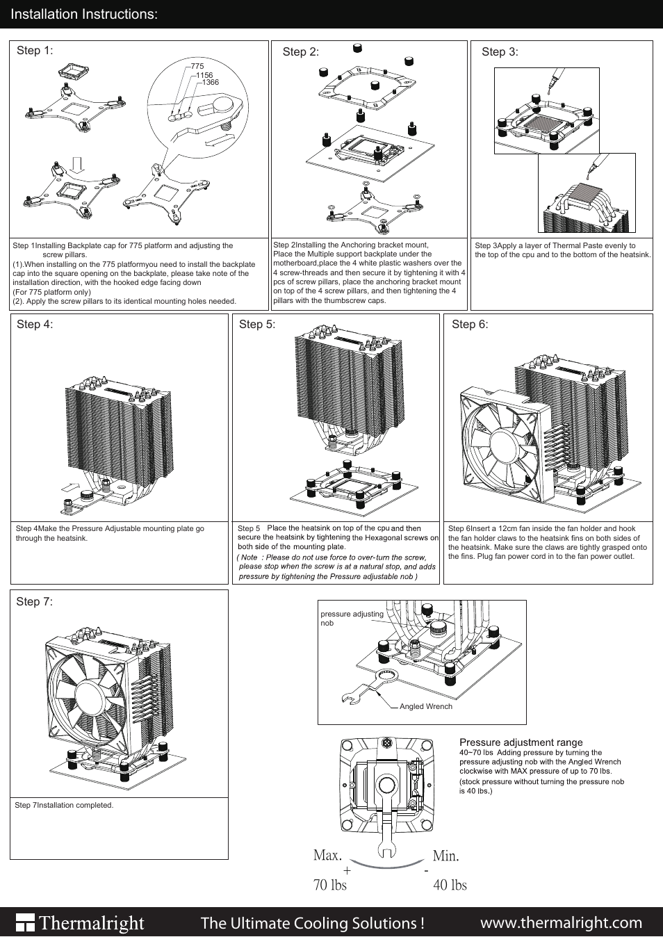 Venomous_x-rt-2_0422, Max. min. + - 70 lbs 40 lbs, Installation instructions | Thermalright Venomous X RT_1366_1156_775 User Manual | Page 2 / 2