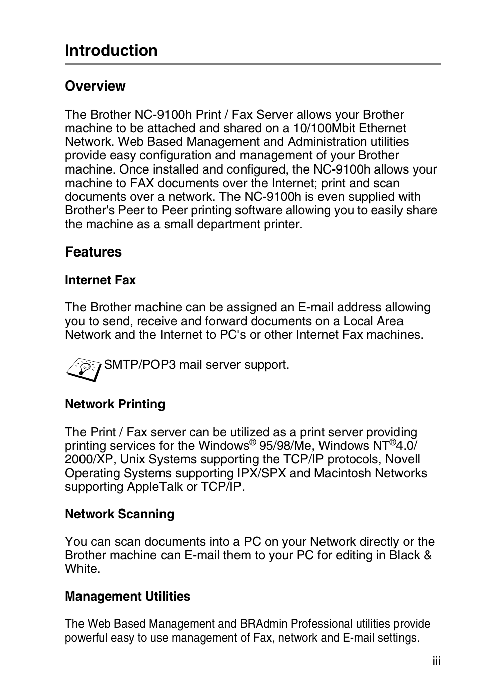 Introduction, Overview, Features | Brother NC-9100H User Manual | Page 4 / 163