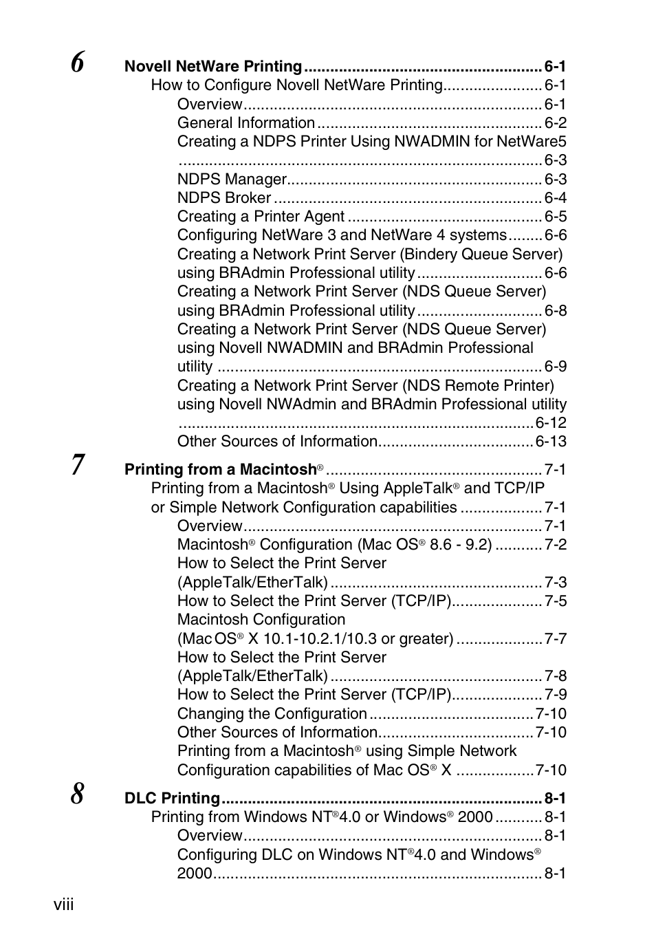 6 novell netware printing 6-1, 7 printing from a macintosh® 7-1, 8 dlc printing 8-1 | Viii | Brother NC-9100H User Manual | Page 9 / 163