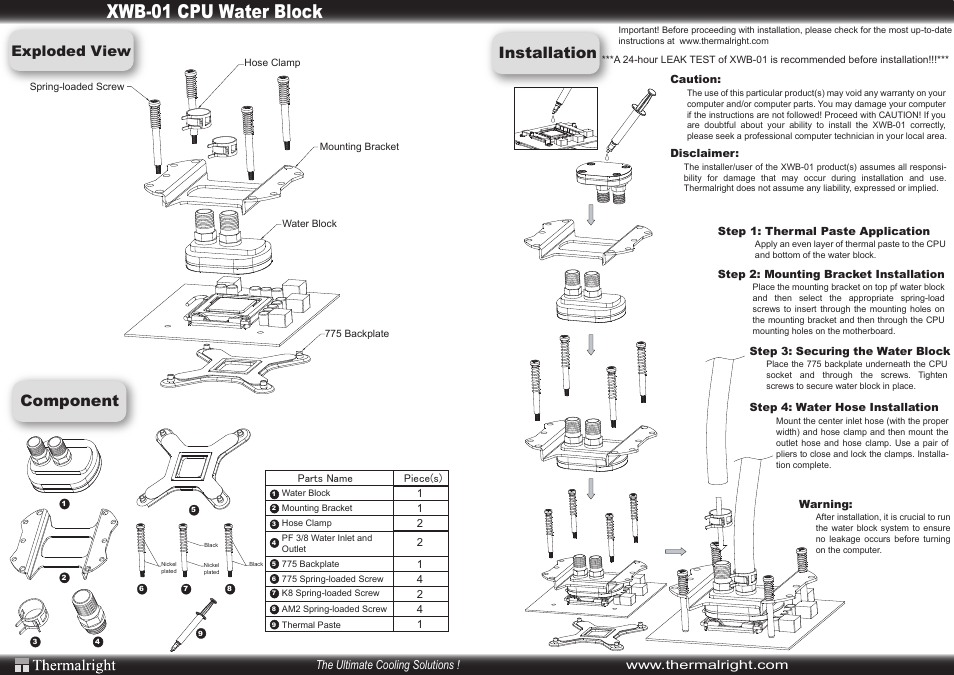 Xwb-01 en, Xwb-01 cpu water block, Installation component | Exploded view | Thermalright XWB-1 User Manual | Page 2 / 2
