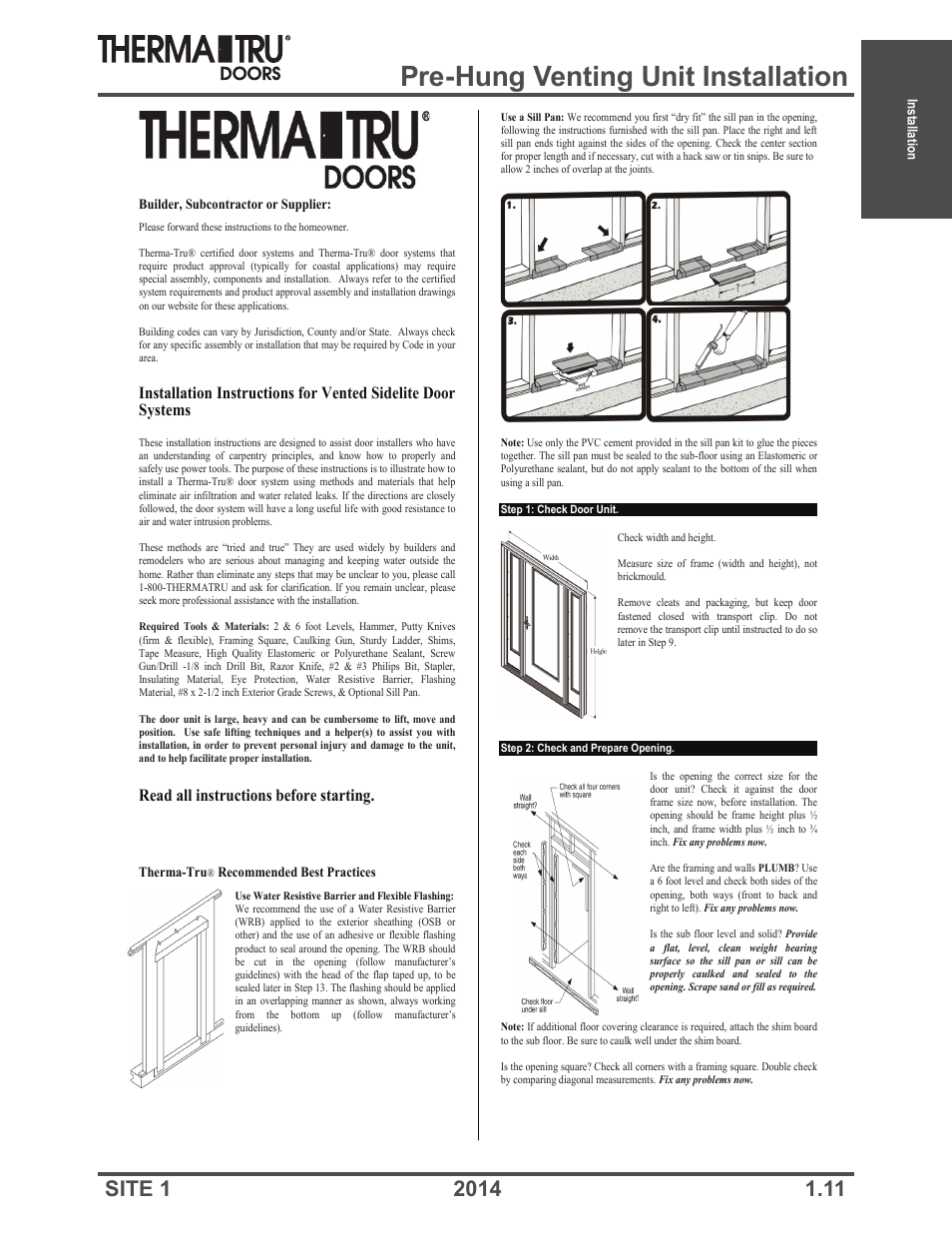 Pre-hung venting unit installation, Read all instructions before starting | Therma-Tru Doors Installation User Manual | Page 11 / 76