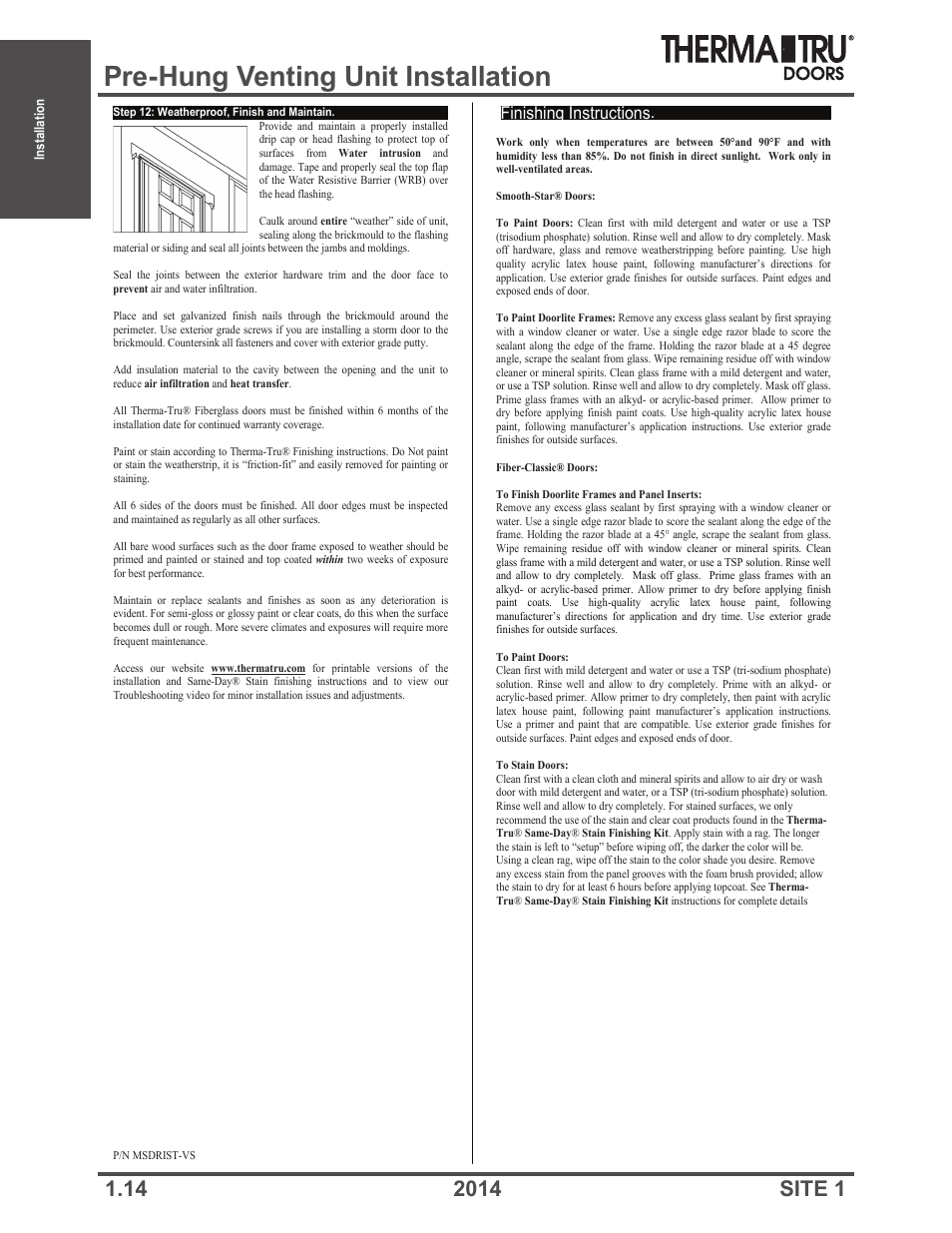 Pre-hung venting unit installation, Finishing instructions | Therma-Tru Doors Installation User Manual | Page 14 / 76