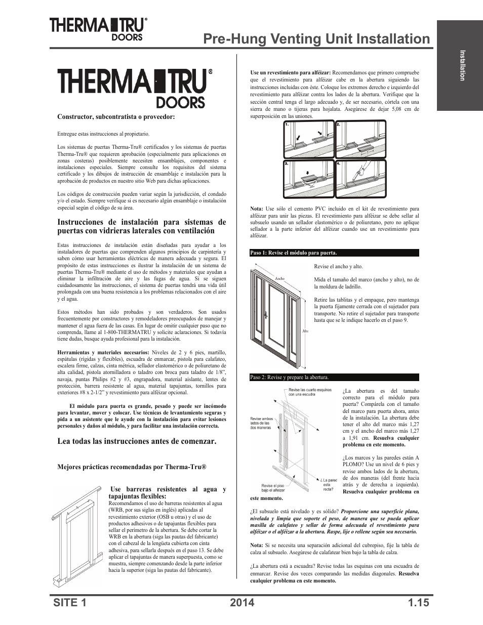 Pre-hung venting unit installation, Lea todas las instrucciones antes de comenzar | Therma-Tru Doors Installation User Manual | Page 15 / 76