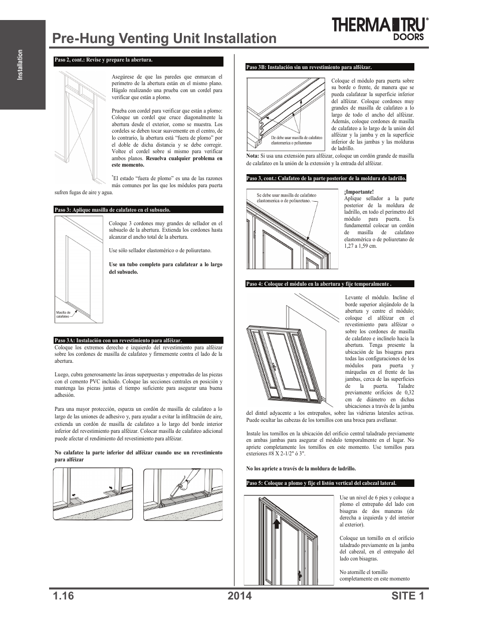 Pre-hung venting unit installation | Therma-Tru Doors Installation User Manual | Page 16 / 76