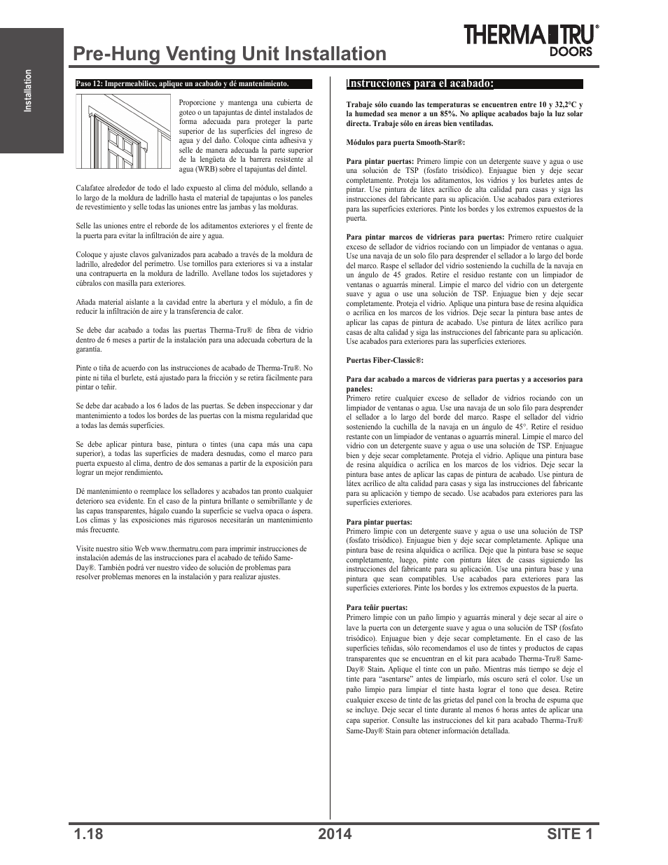 Pre-hung venting unit installation, Instrucciones para el acabado | Therma-Tru Doors Installation User Manual | Page 18 / 76