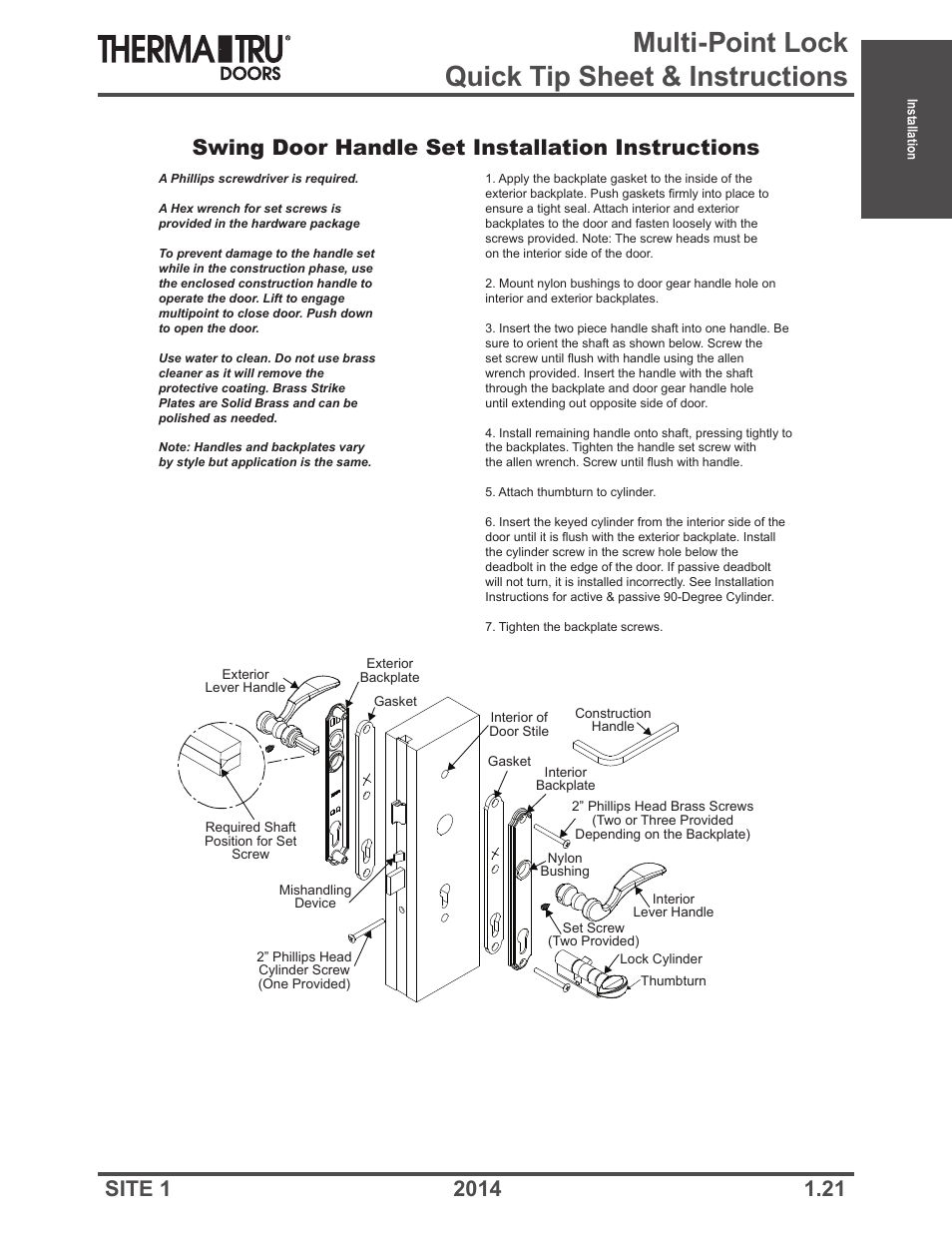 Multi-point lock quick tip sheet & instructions, Swing door handle set installation instructions | Therma-Tru Doors Installation User Manual | Page 21 / 76