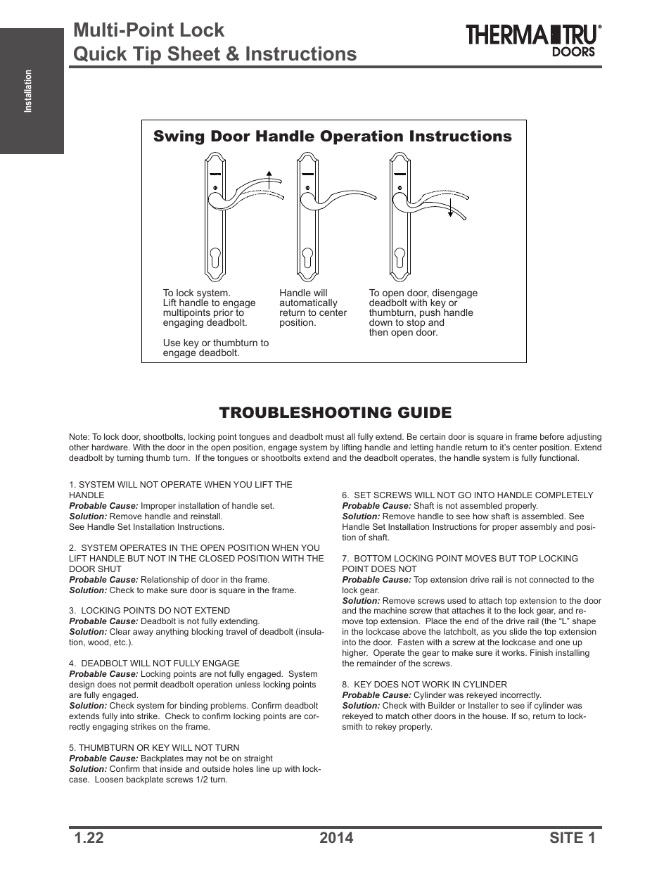 Multi-point lock quick tip sheet & instructions, Swing door handle operation instructions, Troubleshooting guide | Therma-Tru Doors Installation User Manual | Page 22 / 76