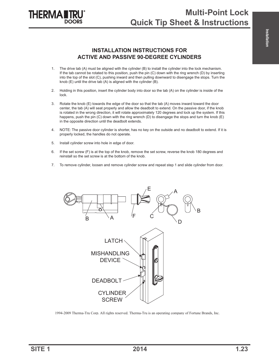 Multi-point lock quick tip sheet & instructions | Therma-Tru Doors Installation User Manual | Page 23 / 76