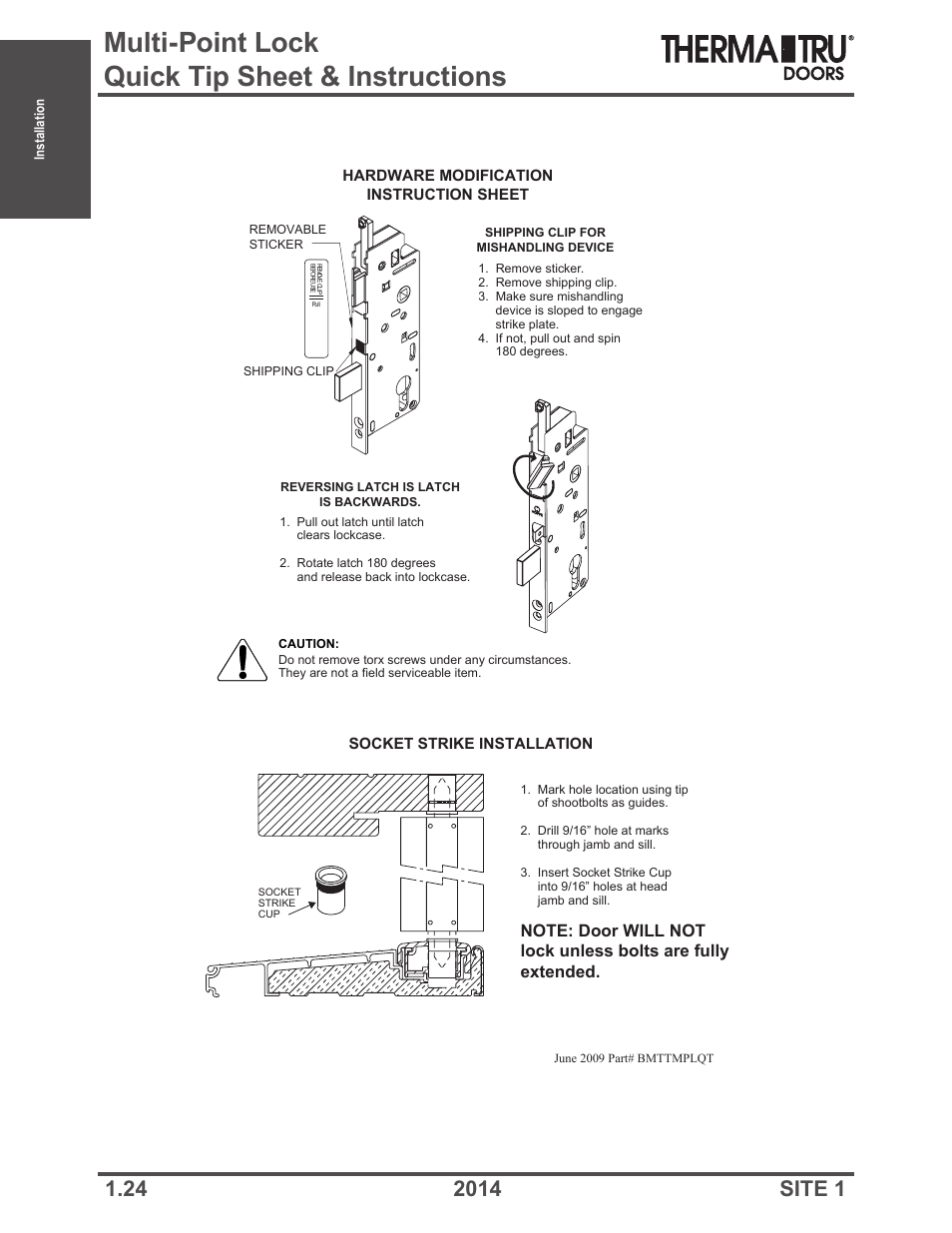 Multi-point lock quick tip sheet & instructions | Therma-Tru Doors Installation User Manual | Page 24 / 76