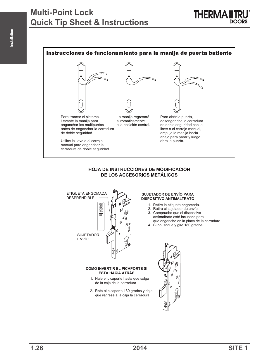 Multi-point lock quick tip sheet & instructions | Therma-Tru Doors Installation User Manual | Page 26 / 76