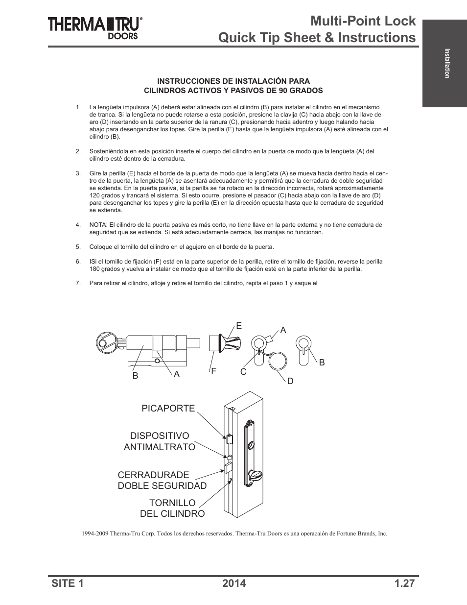 Multi-point lock quick tip sheet & instructions | Therma-Tru Doors Installation User Manual | Page 27 / 76