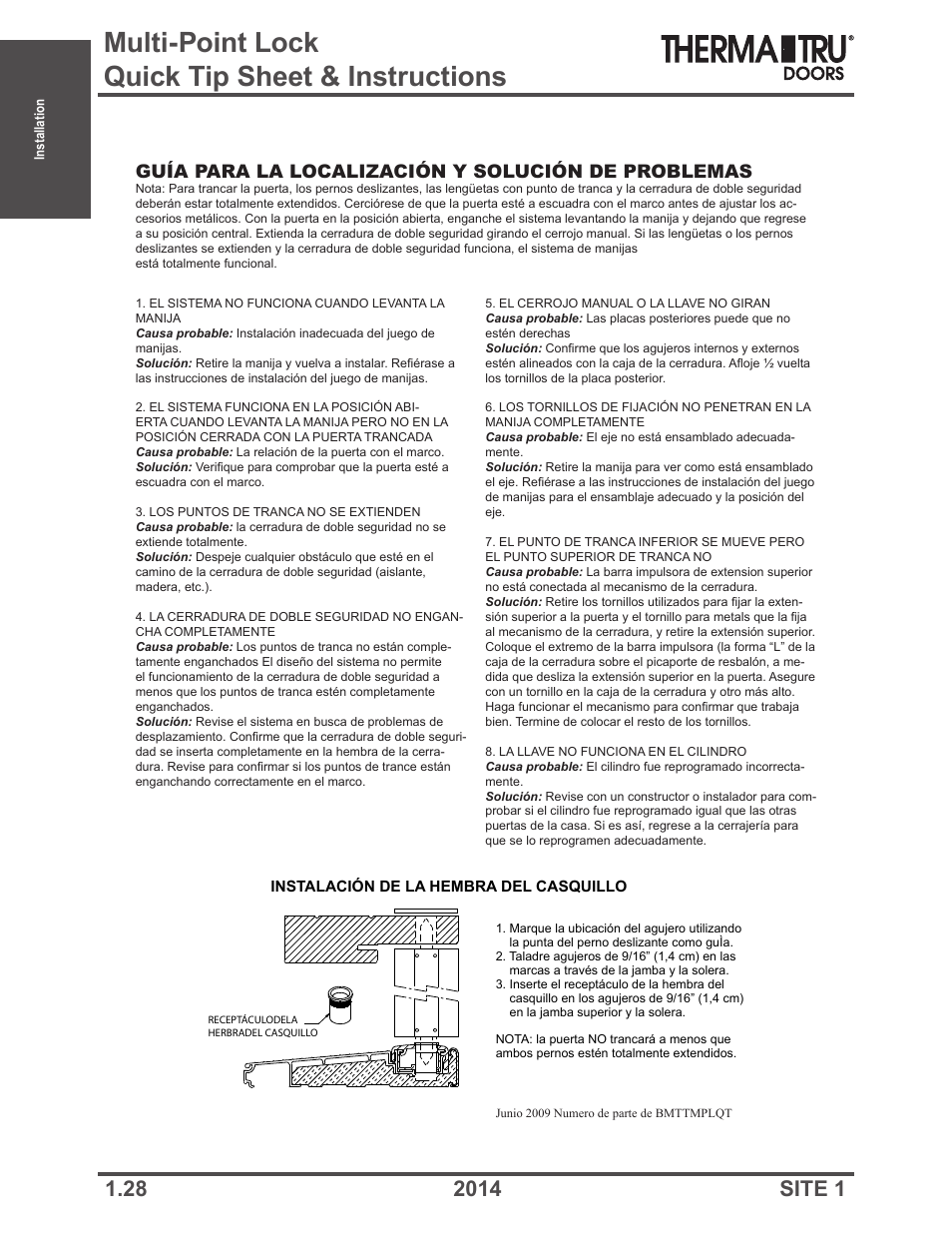 Multi-point lock quick tip sheet & instructions, Guía para la localización y solución de problemas | Therma-Tru Doors Installation User Manual | Page 28 / 76