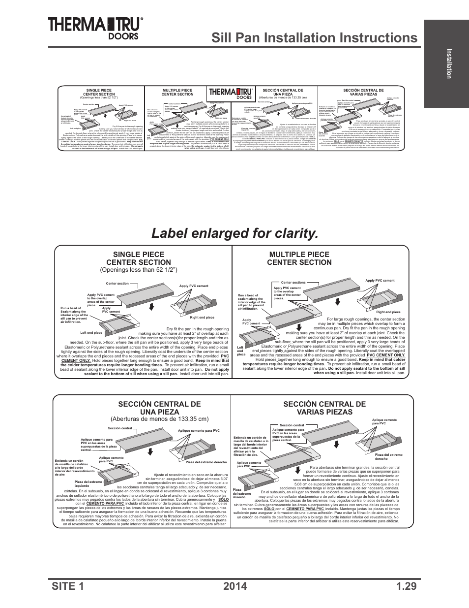 Sill pan installation instructions, Label enlarged for clarity, Installation | Sección central de una pieza, Sección central de varias piezas, Openings less than 52 1/2”) | Therma-Tru Doors Installation User Manual | Page 29 / 76