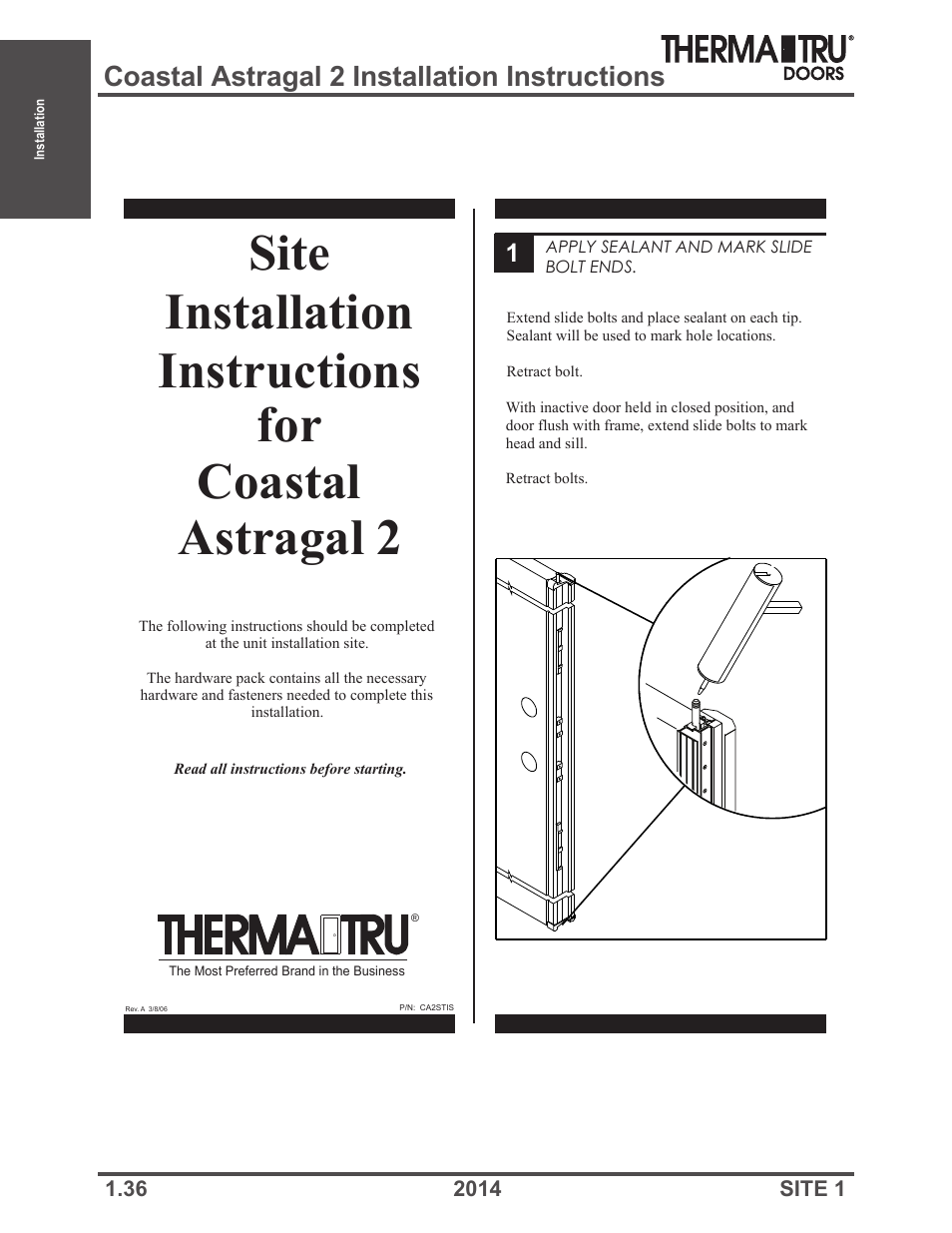 Coastal astragal 2 installation instructions | Therma-Tru Doors Installation User Manual | Page 36 / 76