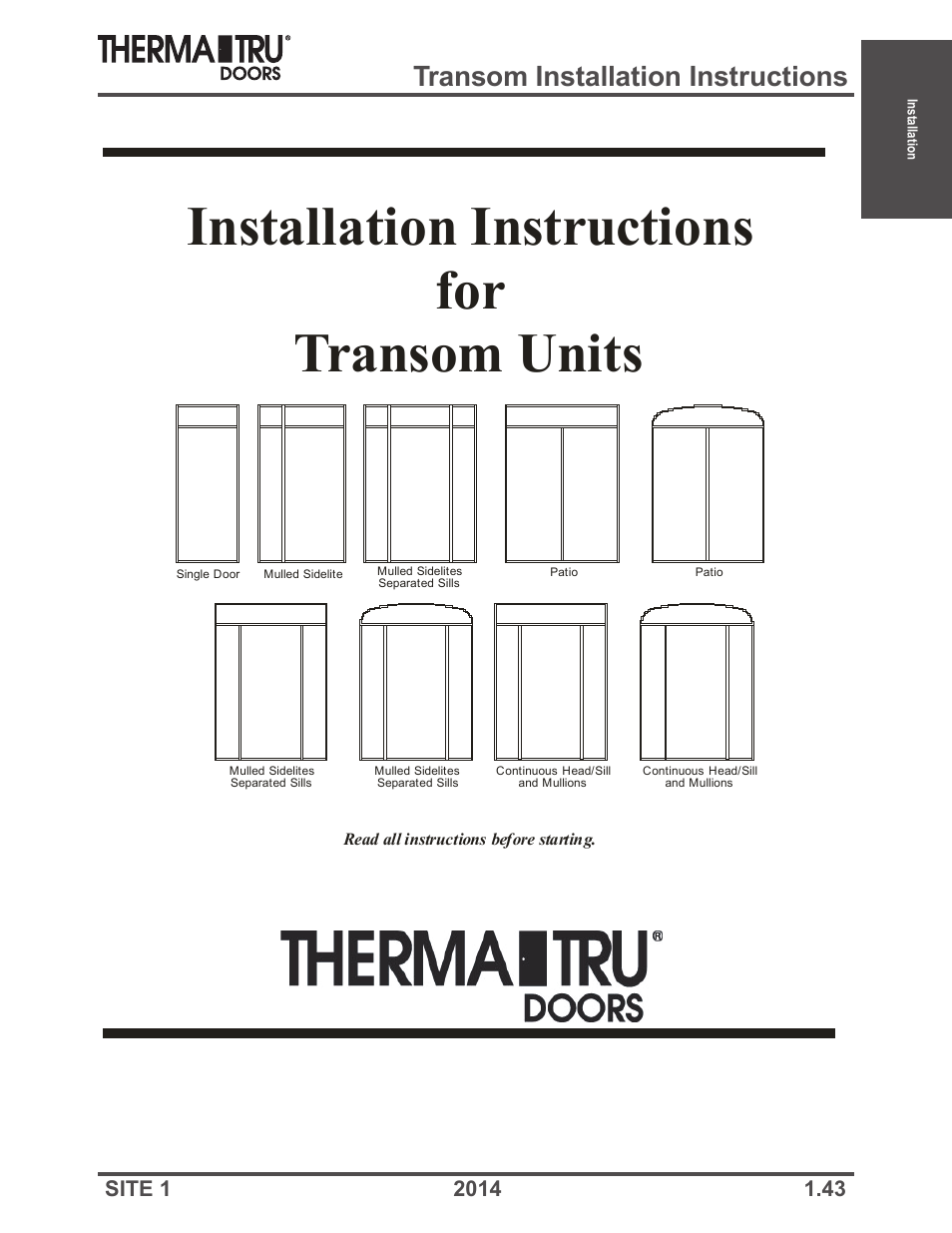 Installation instructions for transom units, Transom installation instructions | Therma-Tru Doors Installation User Manual | Page 43 / 76