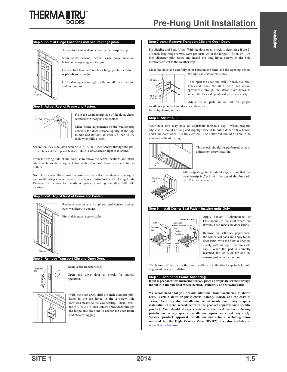 Pre-hung unit installation, Installation | Therma-Tru Doors Installation User Manual | Page 5 / 76