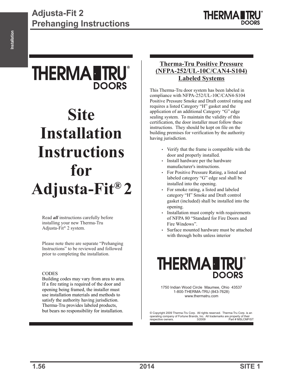 Site installation instructions for adjusta-fit, Adjusta-fit 2 prehanging instructions | Therma-Tru Doors Installation User Manual | Page 56 / 76