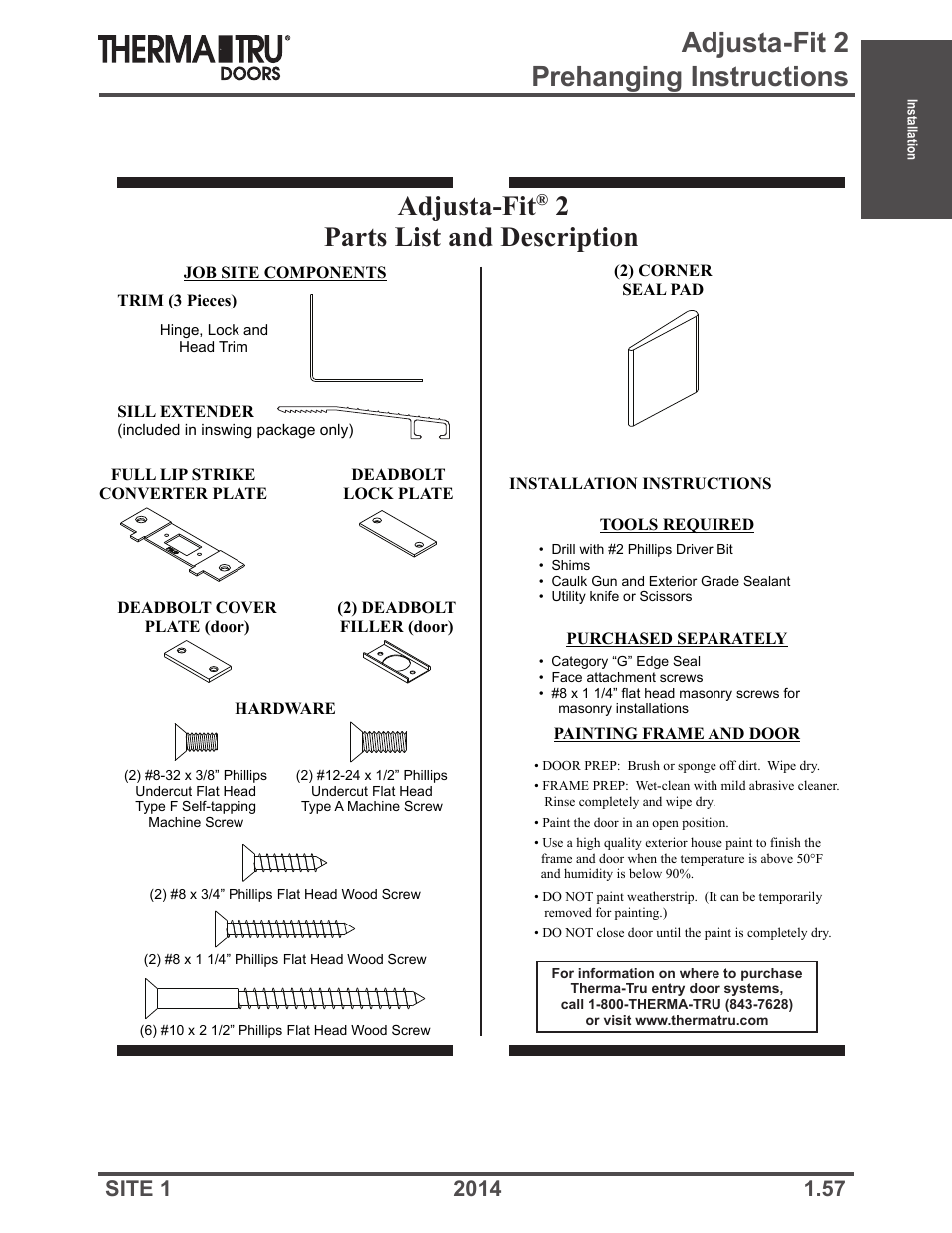 Adjusta-fit 2 prehanging instructions, Adjusta-fit, 2parts list and description | Therma-Tru Doors Installation User Manual | Page 57 / 76