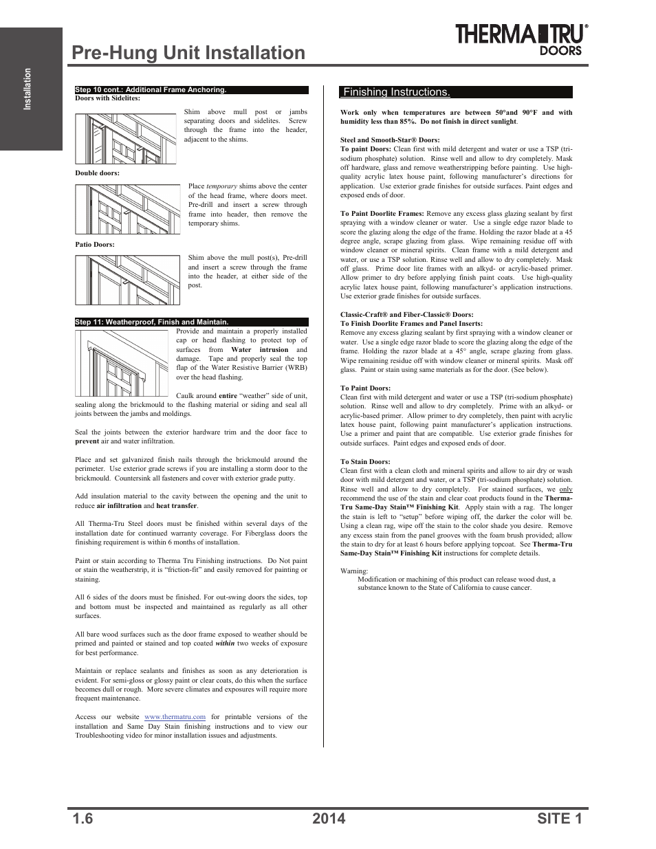 Pre-hung unit installation, Finishing instructions, Installation | Therma-Tru Doors Installation User Manual | Page 6 / 76