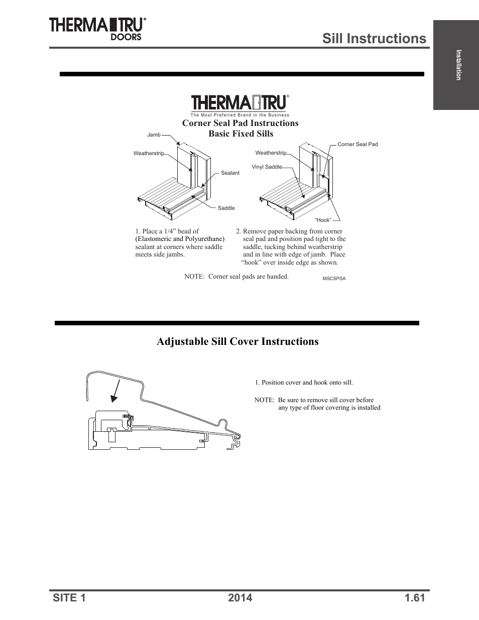 Sill instructions, Adjustable sill cover instructions, Corner seal pad instructions basic fixed sills | Therma-Tru Doors Installation User Manual | Page 61 / 76