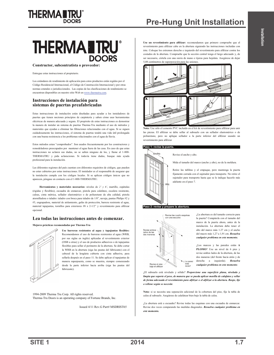 Pre-hung unit installation, Lea todas las instrucciones antes de comenzar | Therma-Tru Doors Installation User Manual | Page 7 / 76