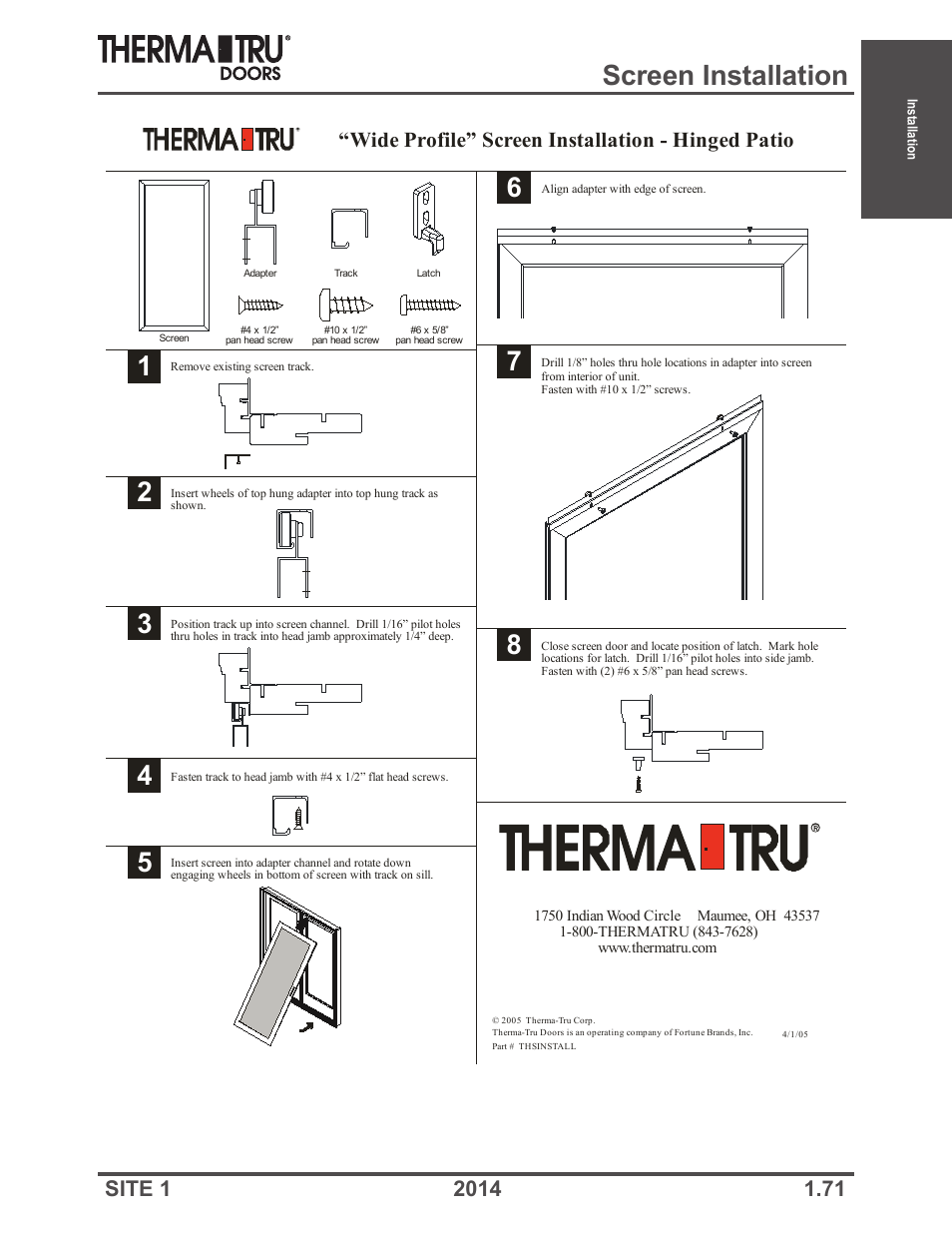 Screen installation, Wide profile” screen installation - hinged patio | Therma-Tru Doors Installation User Manual | Page 71 / 76