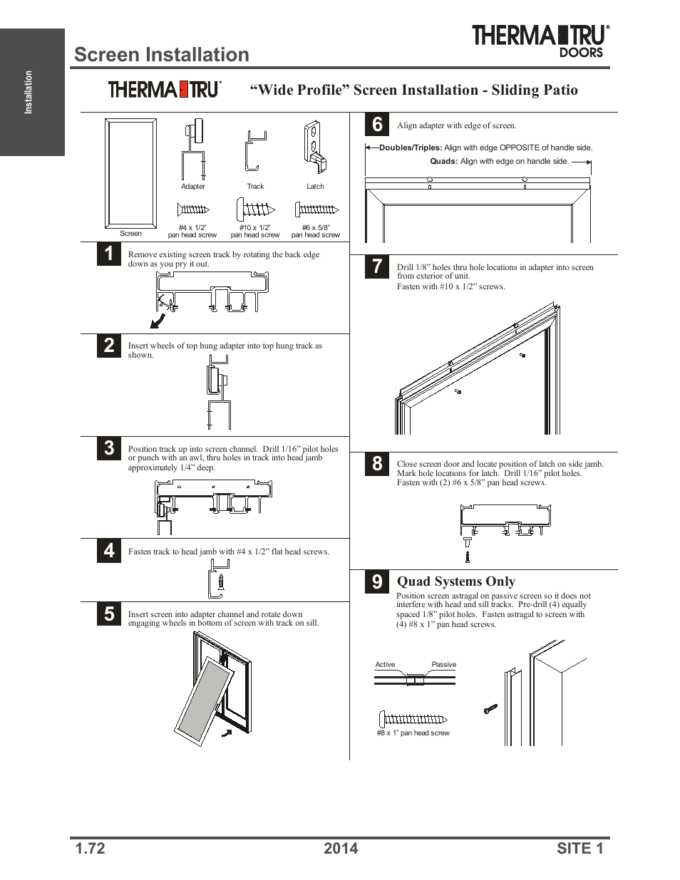 Screen installation, Wide profile” screen installation - sliding patio, Quad systems only | Therma-Tru Doors Installation User Manual | Page 72 / 76