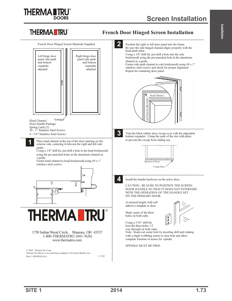 Screen installation, French door hinged screen installation | Therma-Tru Doors Installation User Manual | Page 73 / 76