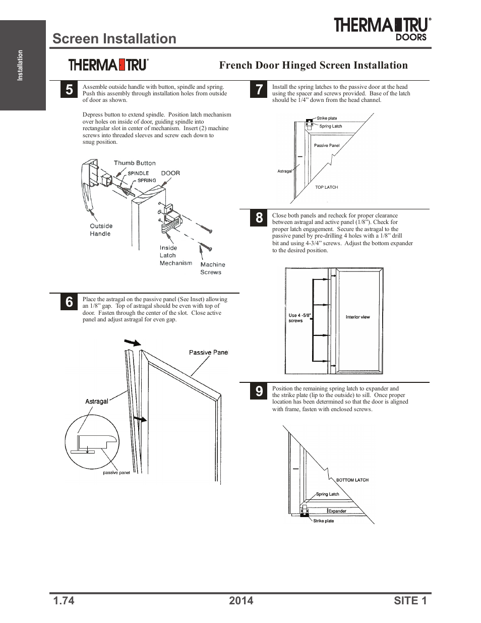 Screen installation, French door hinged screen installation | Therma-Tru Doors Installation User Manual | Page 74 / 76