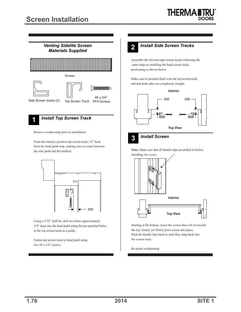 Screen installation | Therma-Tru Doors Installation User Manual | Page 76 / 76