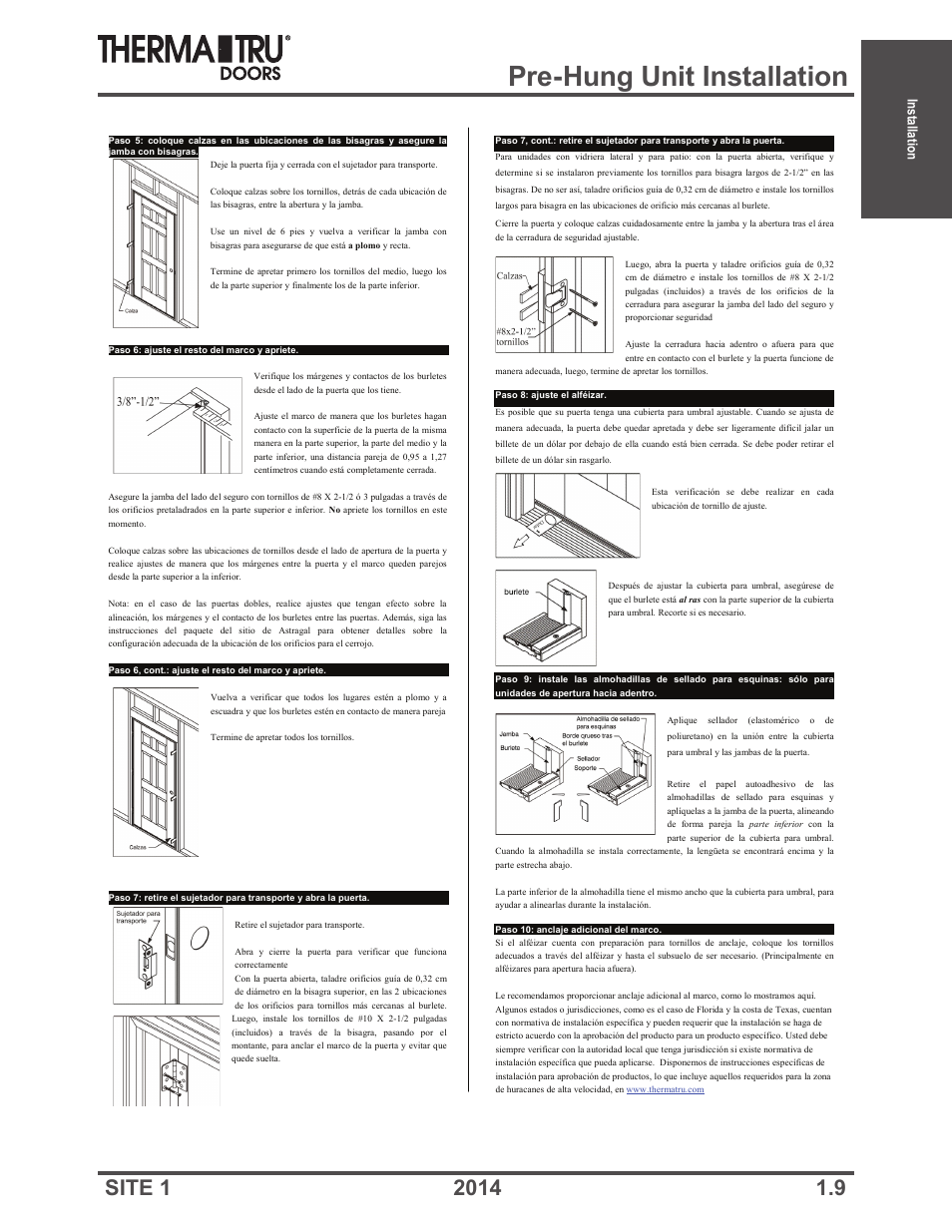 Pre-hung unit installation, Installation | Therma-Tru Doors Installation User Manual | Page 9 / 76