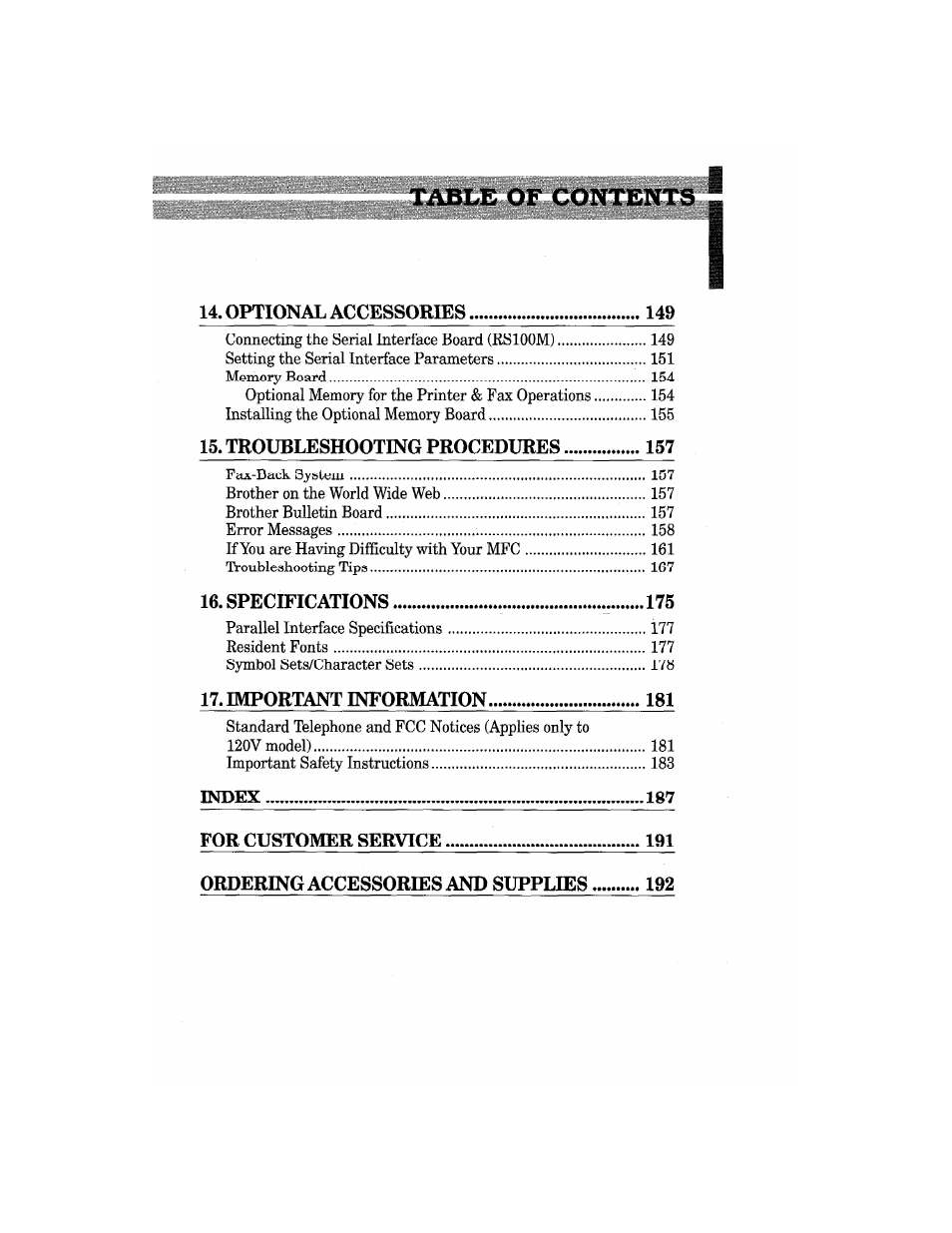 14 optional accessories, Troubleshooting procedures, Important information | Brother MFC4550 PLUS User Manual | Page 11 / 206