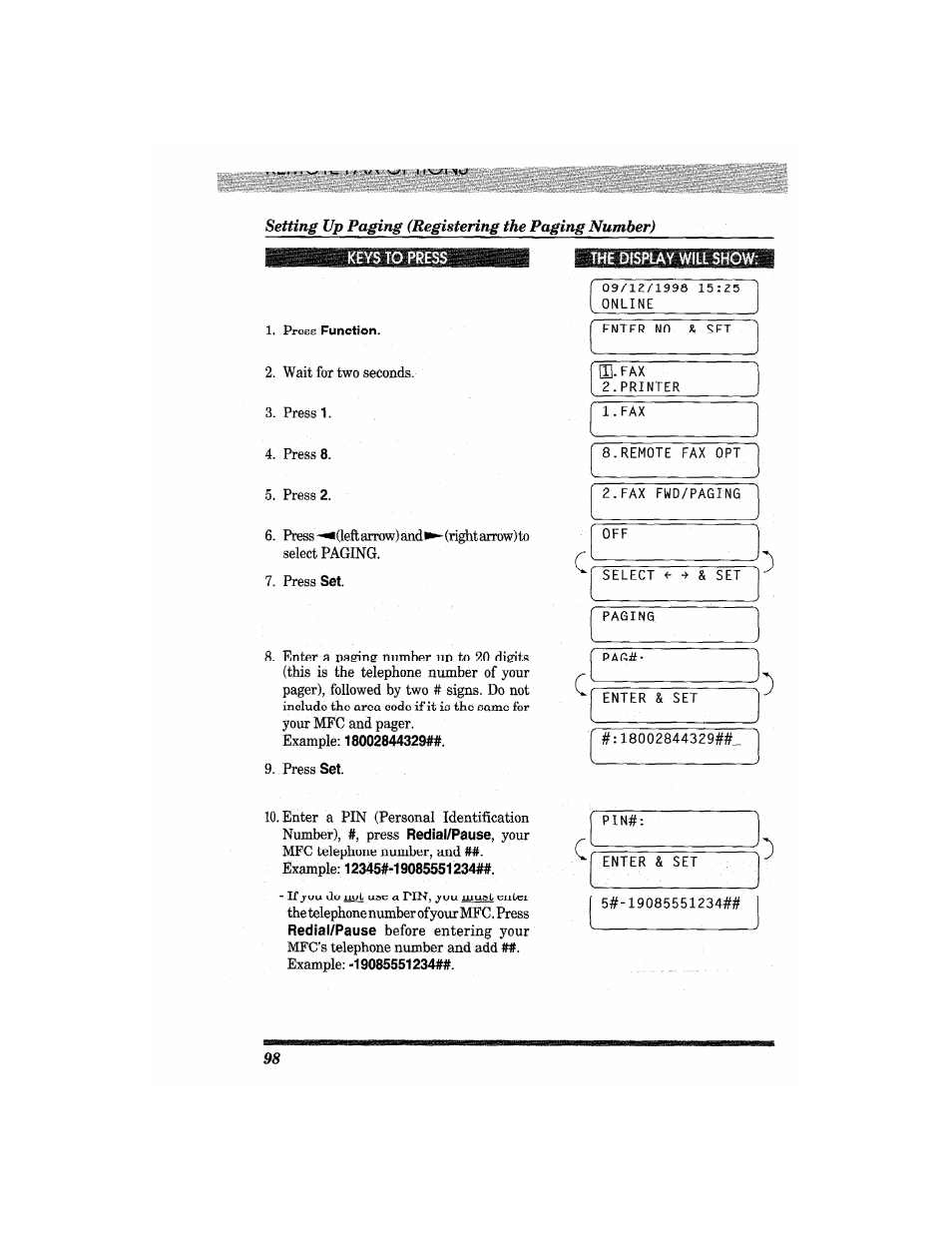 Keys to press, Example: 18002844329, The display will show | Brother MFC4550 PLUS User Manual | Page 110 / 206