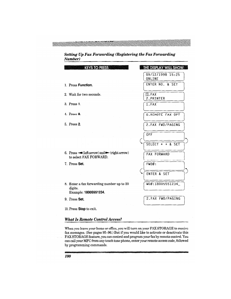 Press function, Example: 18005551234 | Brother MFC4550 PLUS User Manual | Page 112 / 206