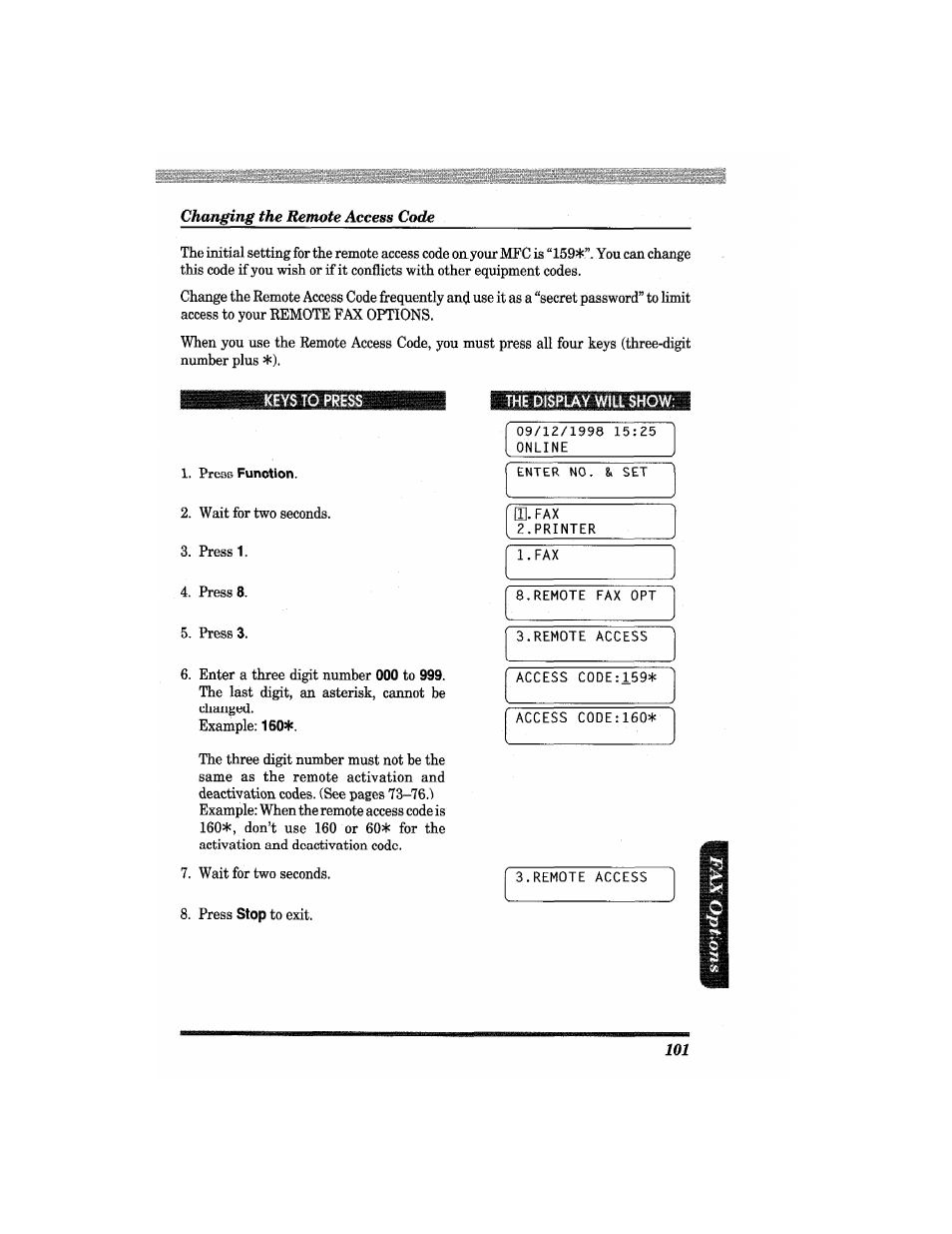 Keys to press, Press function, The display will show | Changing the remote access code | Brother MFC4550 PLUS User Manual | Page 113 / 206