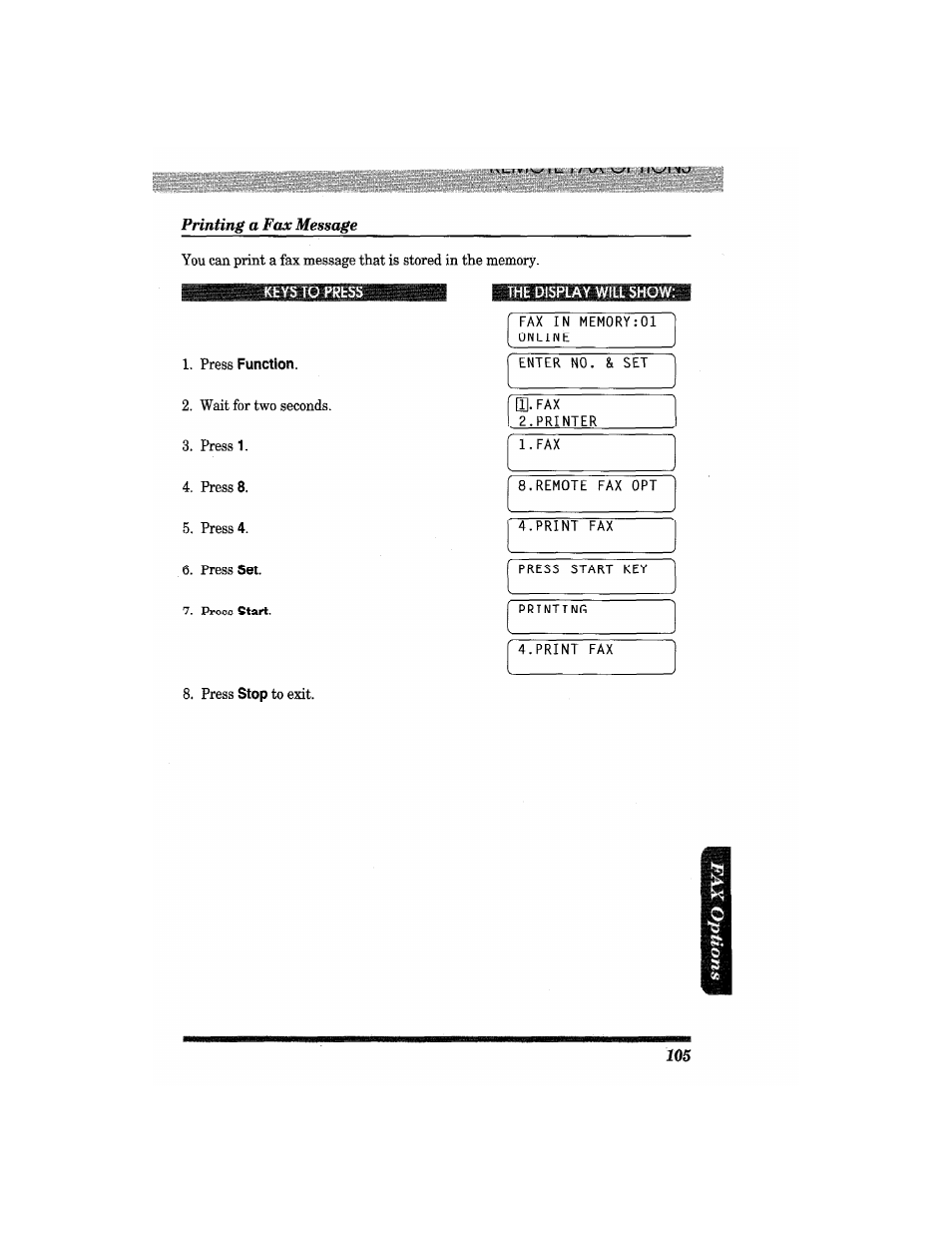 Kfcys to pkbbs, Press function, The display wfu show | Brother MFC4550 PLUS User Manual | Page 117 / 206