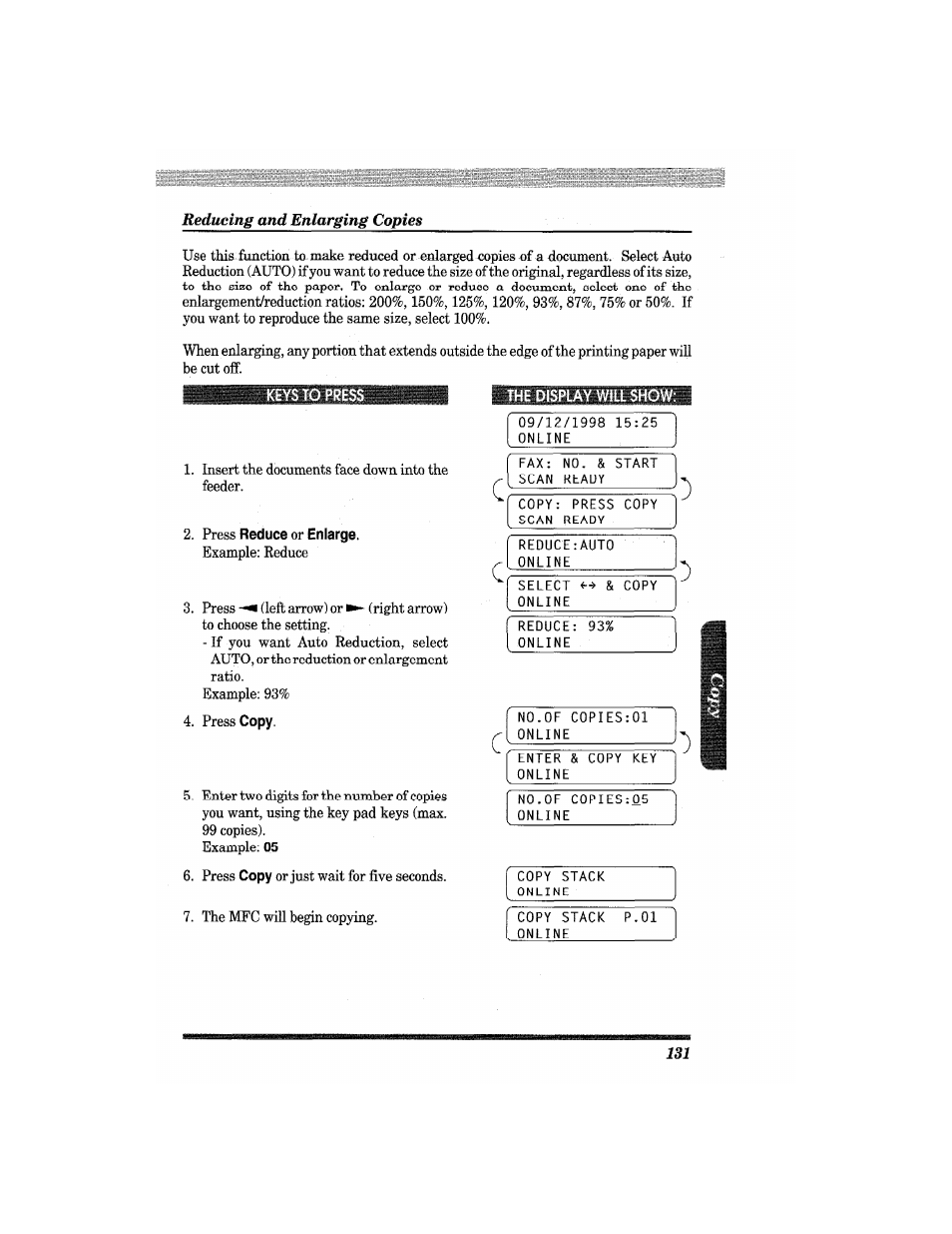 Press reduce or enlarge | Brother MFC4550 PLUS User Manual | Page 143 / 206