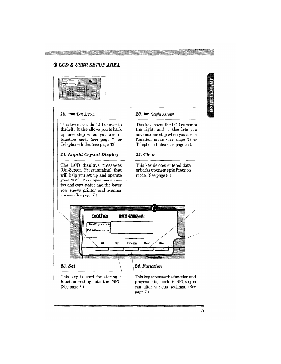 Mode (see page, Or telephone index (see page 32), Mfc. the upper | Fax and copy status and the lower, Telephone index (see page 32), Function setting into the mfc. (see page 8.) | Brother MFC4550 PLUS User Manual | Page 17 / 206