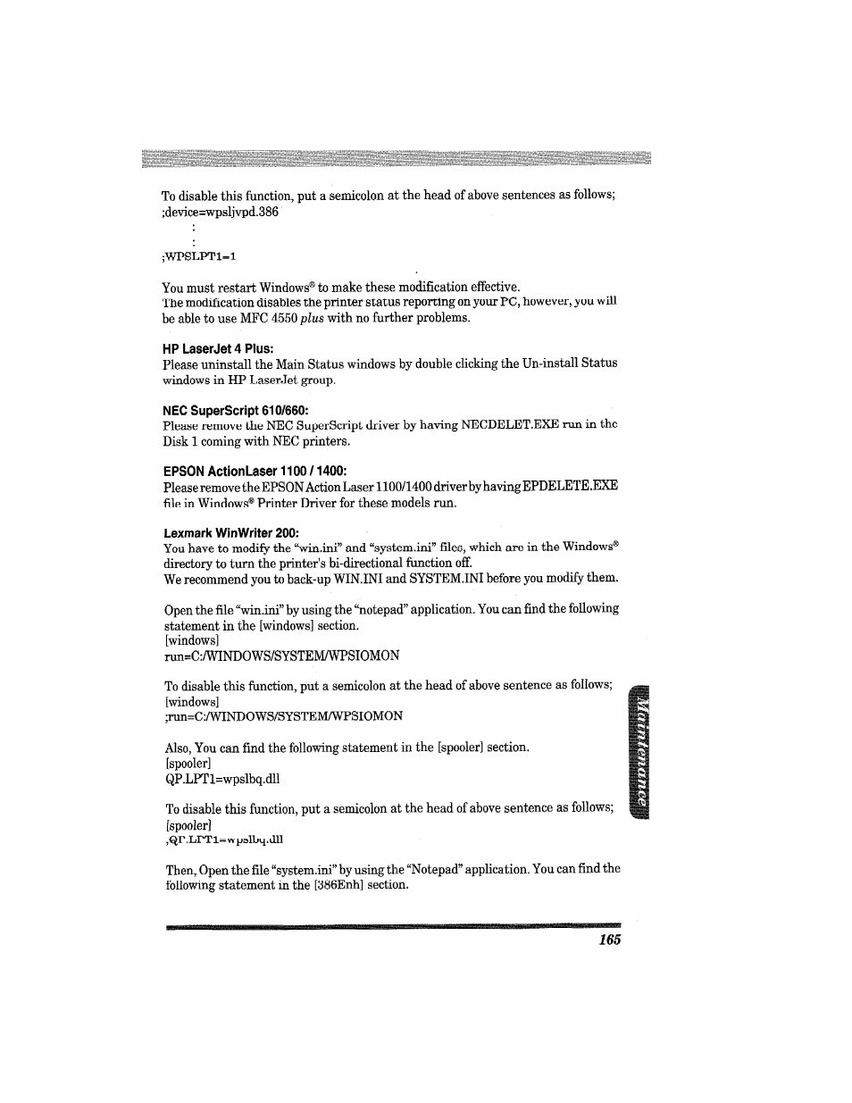 Hp laserjet 4 pius, Nec superscript 610/660, Epson actionlaser 1100 /1400 | Lexmark winwriter 200 | Brother MFC4550 PLUS User Manual | Page 177 / 206