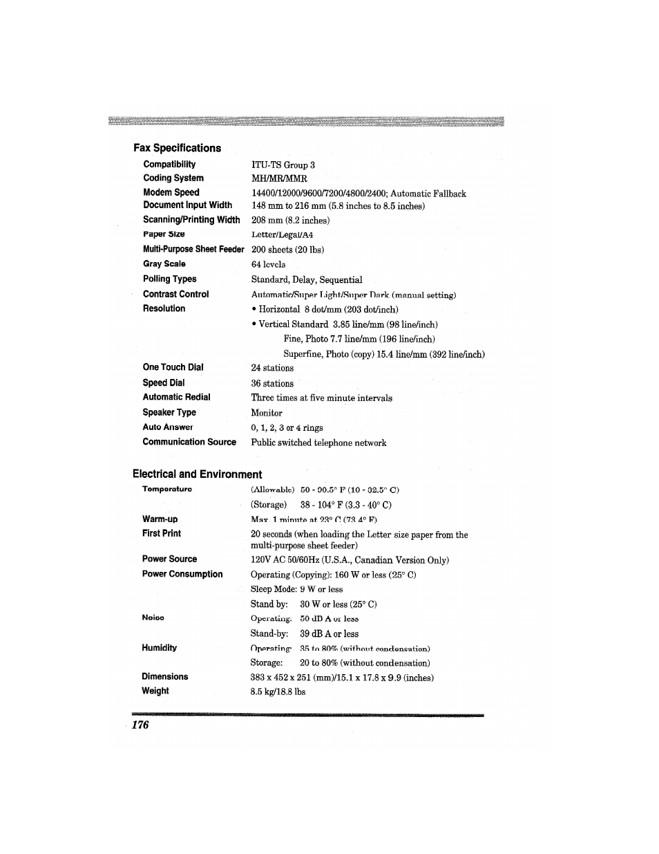 Electrical and environment, Siili, Fax specifications | Brother MFC4550 PLUS User Manual | Page 188 / 206