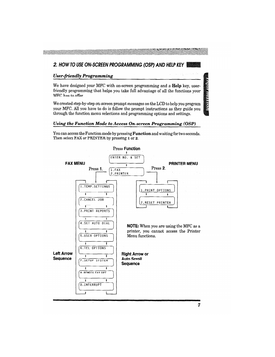 Press function, Fax menu, Printer menu | Right arrow or auto scroll sequence, Hov/ ro | Brother MFC4550 PLUS User Manual | Page 19 / 206