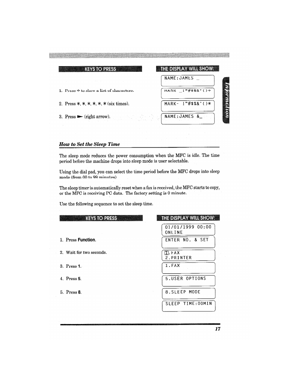 The display will show, Press function | Brother MFC4550 PLUS User Manual | Page 29 / 206