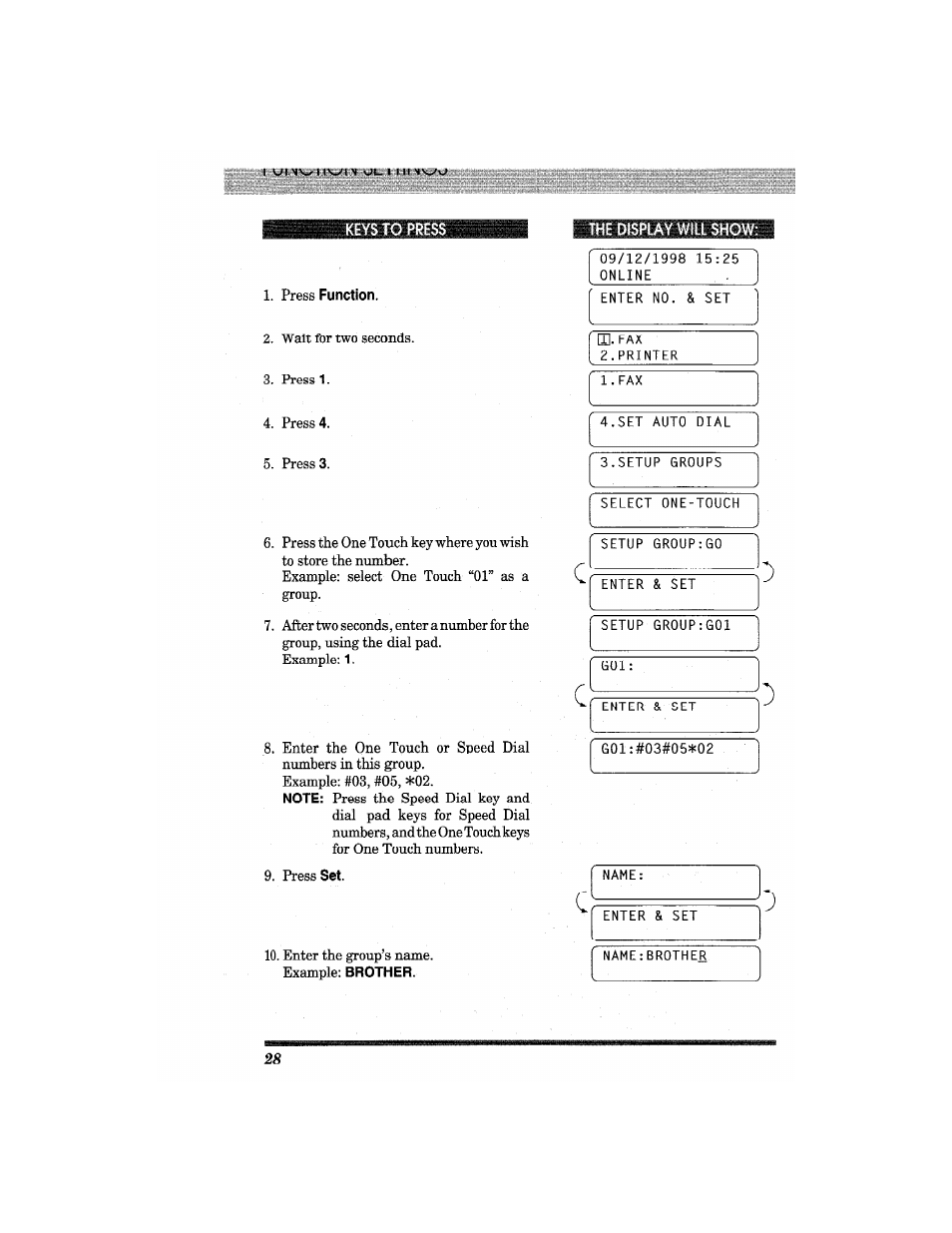 The display will show, Press, Press 1. 4. press | Enter the group’s name. example | Brother MFC4550 PLUS User Manual | Page 40 / 206